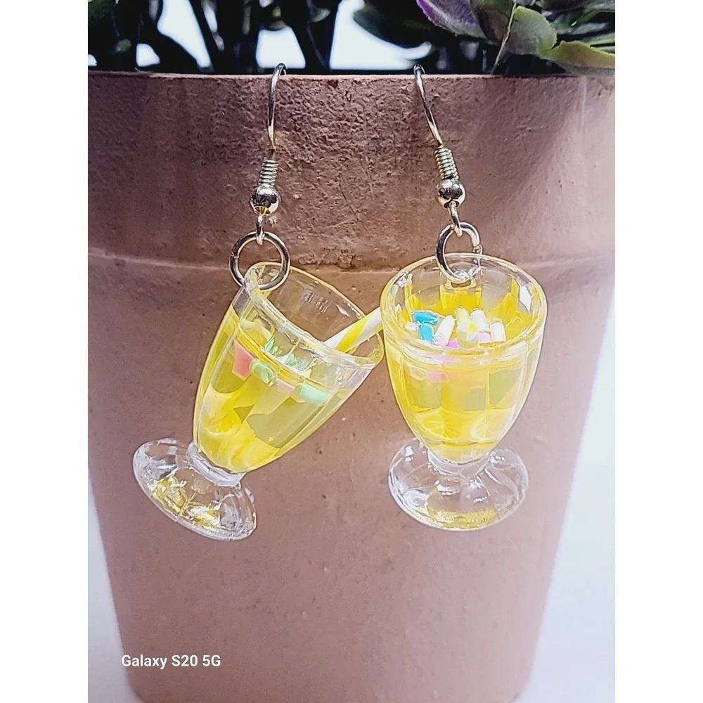Handmade Yellow Lemonade Glass Drink Earrings Miniature Food Dangle Drops Summer